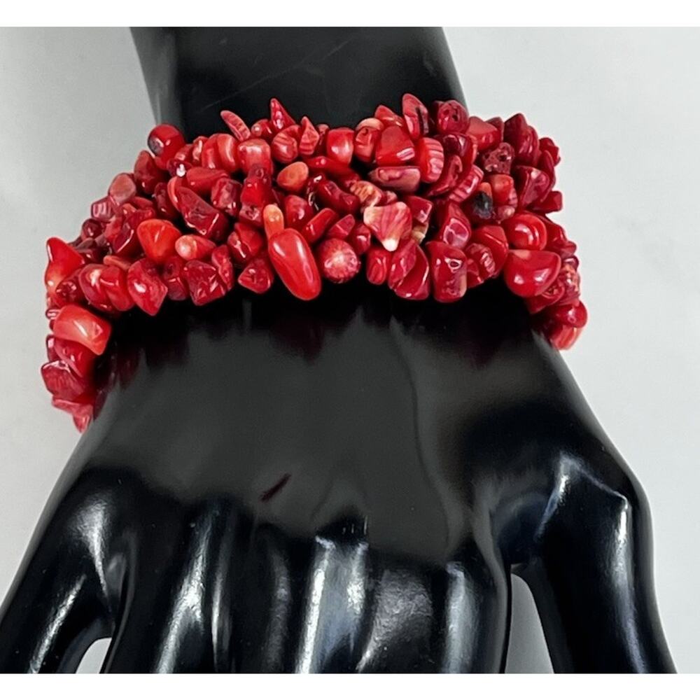 Red Coral Chip Stretch Bracelet Jewelry Natural Coral Beaded Bracelet 59.9g